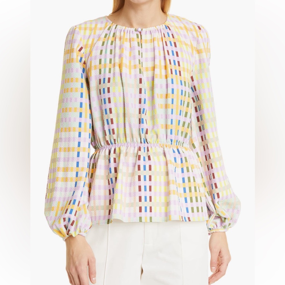 STINE GOYA Peplum Pleated Blouse in Techno Check NWOT
